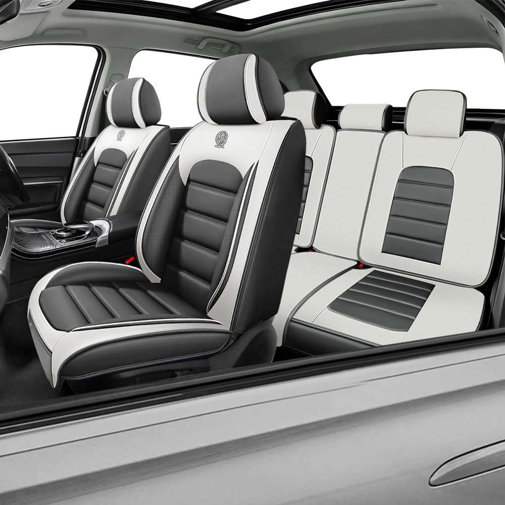 Car Seat Covers for Atlas Cross Sport,for Volkswagen Atlas Cross Sport 2020-2025,Waterproof Leather Seat Covers,Compatible Airbag,Full Set Comfort Car Seat Protectors for Most Cars(Gray&White)