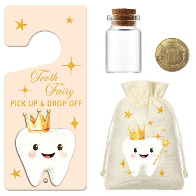 Wooden Tooth Fairy Door Hanger Sign with Keepsake Bottle Coins Pouch, Tooth Fairy Tooth Holder Encouraging Gift for Lost Teeth Boy Girl(Gold)