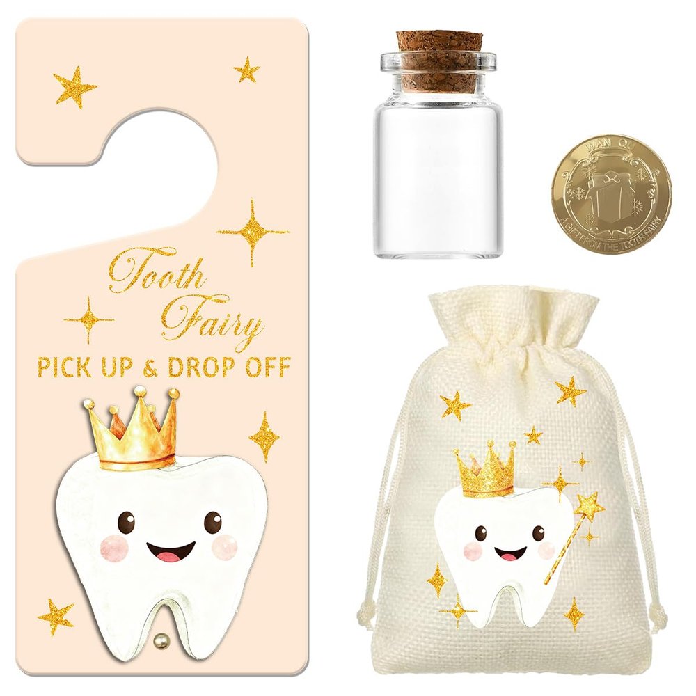 Wooden Tooth Fairy Door Hanger Sign with Keepsake Bottle Coins Pouch, Tooth Fairy Tooth Holder Encouraging Gift for Lost Teeth Boy Girl(Gold)