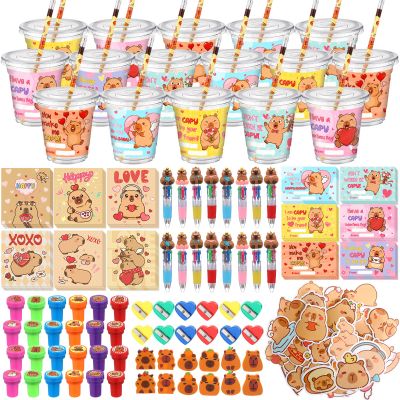 Funrous 242 Pcs Valentines Day Stationery Set 24 Pack Valentine Gifts Include Plastic Cups Pencils Stampers Notebooks Ballpoint Pens for Valentine Day School Classroom Party Favors(Valentines)
