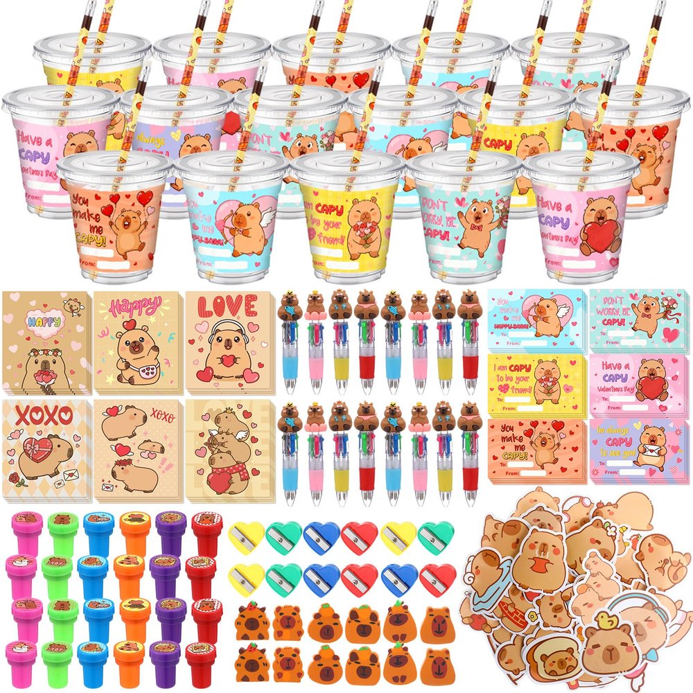 Funrous 242 Pcs Valentines Day Stationery Set 24 Pack Valentine Gifts Include Plastic Cups Pencils Stampers Notebooks Ballpoint Pens for Valentine Day School Classroom Party Favors(Valentines)