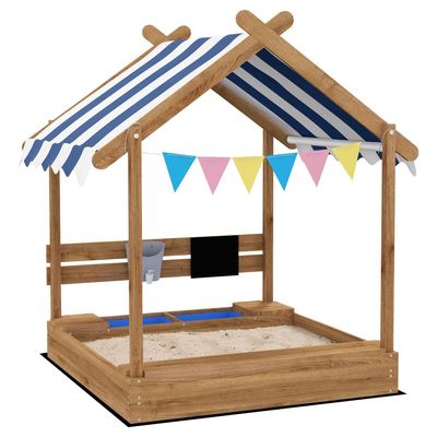 Wooden Kids Sandbox with Weather-Resistant Canopy and Play Set for Outdoor Fun, Brown