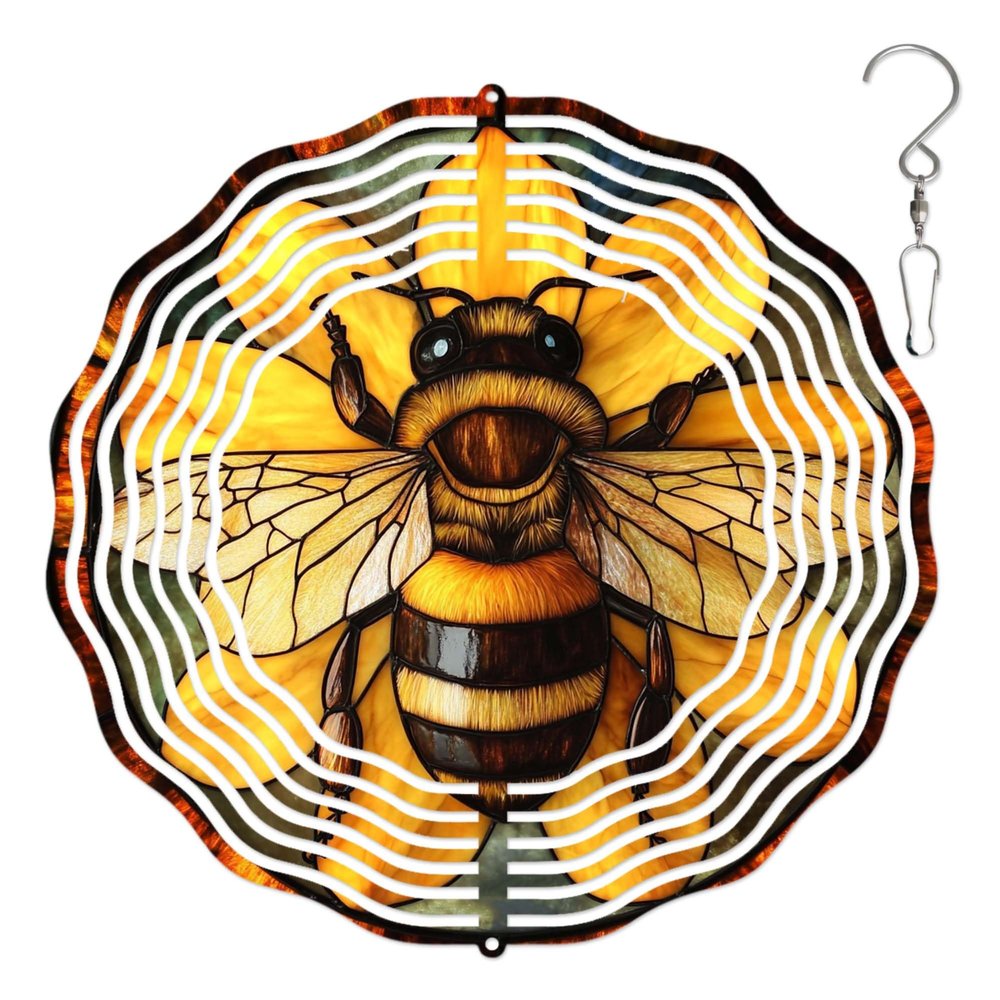 10-Inch Metal Wind Spinner 3D Honeybee on Yellow Flower Wind Spinner, Unique Metal Hanging Kinetic Wind Sculpture Ornament Gifts for Women Yard Art Garden Patio Lawn Indoor Outdoor Decor