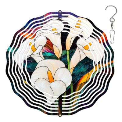 10-Inch Metal Wind Spinner White Calla Lilies 3D Floral Wind Spinner, Unique Metal Hanging Kinetic Wind Sculpture Ornament Gifts for Women Yard Art Garden Patio Lawn Indoor Outdoor Decor