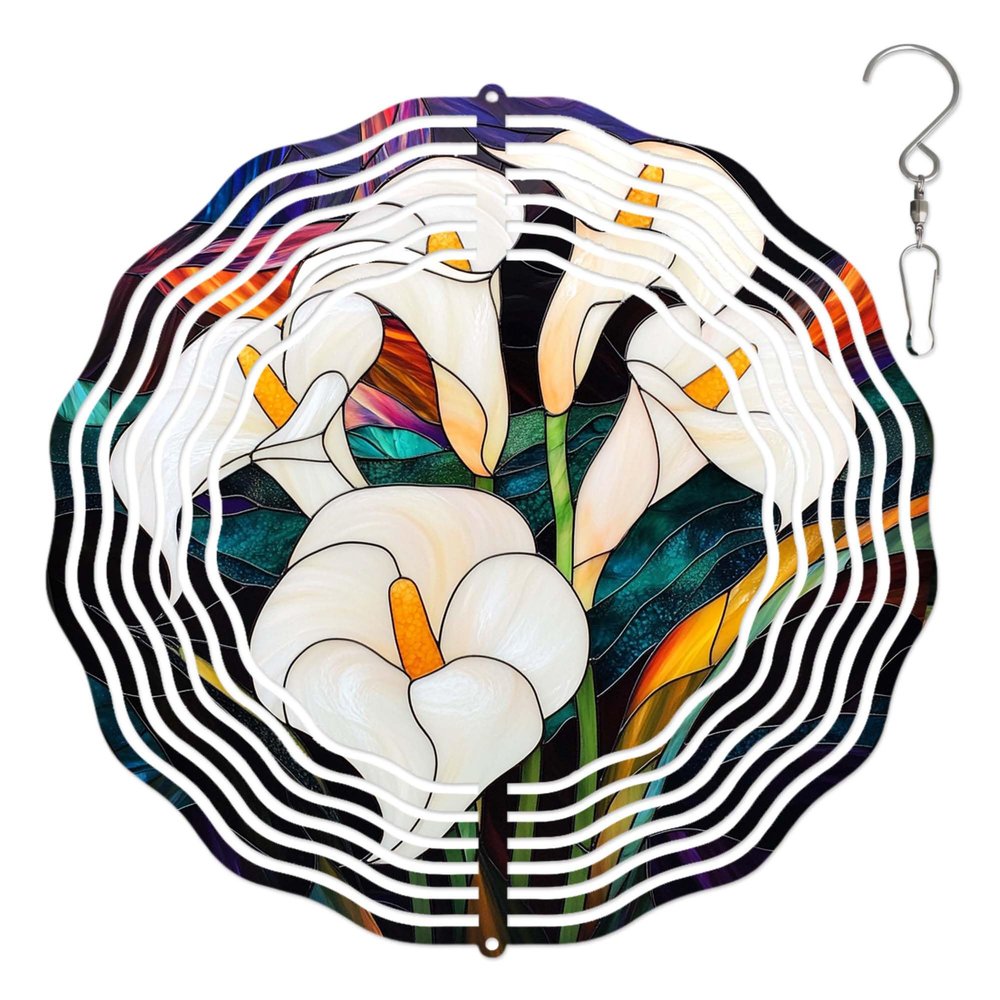 10-Inch Metal Wind Spinner White Calla Lilies 3D Floral Wind Spinner, Unique Metal Hanging Kinetic Wind Sculpture Ornament Gifts for Women Yard Art Garden Patio Lawn Indoor Outdoor Decor
