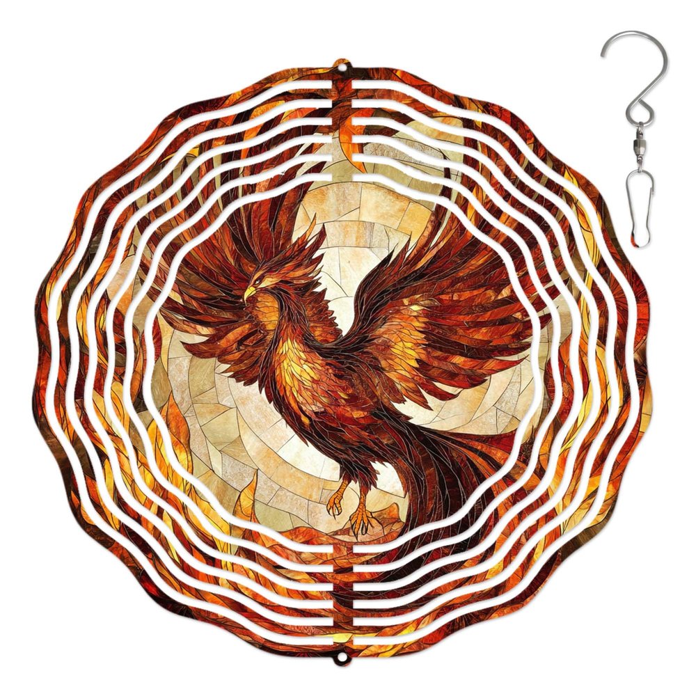 10-Inch Metal Wind Spinner Phoenix in Flames 3D Bird Wind Spinner, Unique Metal Hanging Kinetic Wind Sculpture Ornament Gifts for Women Yard Art Garden Patio Lawn Indoor Outdoor Decor