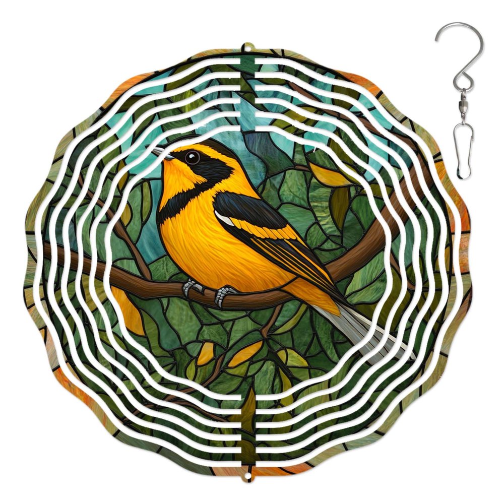10-Inch Metal Wind Spinner Black-Throated Green Warbler 3D Bird Wind Spinner, Unique Metal Hanging Kinetic Wind Sculpture Ornament Gifts for Women Yard Art Garden Patio Lawn Indoor Outdoor Decor