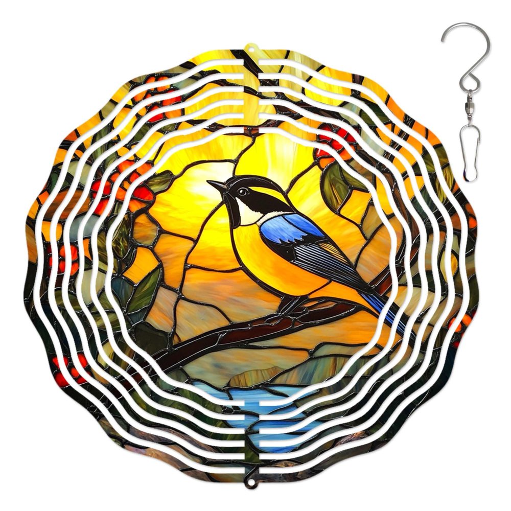 10-Inch Metal Wind Spinner Yellow Great Tit 3D Bird Wind Spinner, Unique Metal Hanging Kinetic Wind Sculpture Ornament Gifts for Women Yard Art Garden Patio Lawn Indoor Outdoor Decor