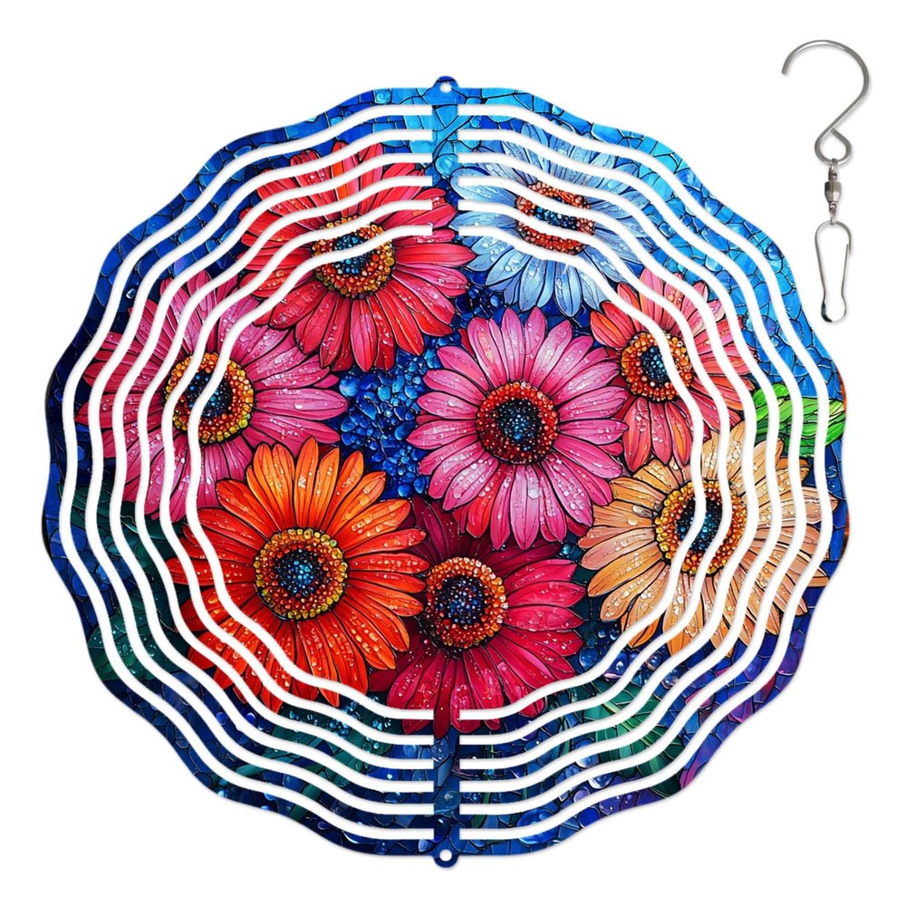 10-Inch Metal Wind Spinner Gerbera Daisies Flower 3D Floral Wind Spinner, Unique Metal Hanging Kinetic Wind Sculpture Ornament Gifts for Women Yard Art Garden Patio Lawn Indoor Outdoor Decor