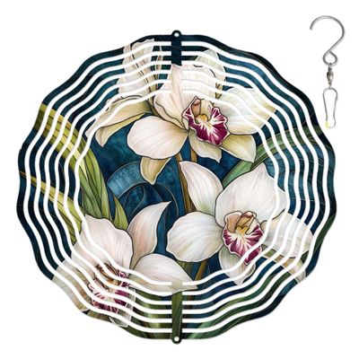 10-Inch Metal Wind Spinner White Orchids 3D Floral Wind Spinner, Unique Metal Hanging Kinetic Wind Sculpture Ornament Gifts for Women Yard Art Garden Patio Lawn Indoor Outdoor Decor