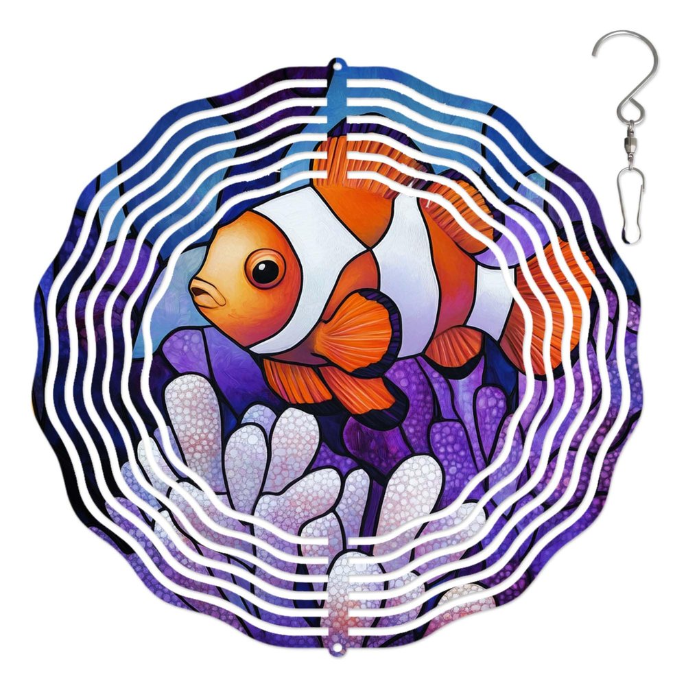 10-Inch Metal Wind Spinner Clownfish 3D Marine Life Wind Spinner, Unique Metal Hanging Kinetic Wind Sculpture Ornament Gifts for Women Yard Art Garden Patio Lawn Indoor Outdoor Decor (1)