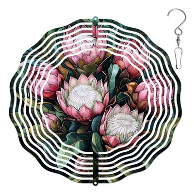 10-Inch Metal Wind Spinner Pink Proteas Bloom 3D Floral Wind Spinner, Unique Metal Hanging Kinetic Wind Sculpture Ornament Gifts for Women Yard Art Garden Patio Lawn Indoor Outdoor Decor