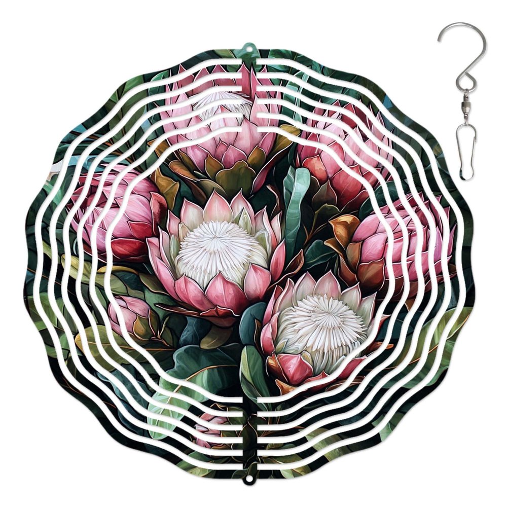 10-Inch Metal Wind Spinner Pink Proteas Bloom 3D Floral Wind Spinner, Unique Metal Hanging Kinetic Wind Sculpture Ornament Gifts for Women Yard Art Garden Patio Lawn Indoor Outdoor Decor