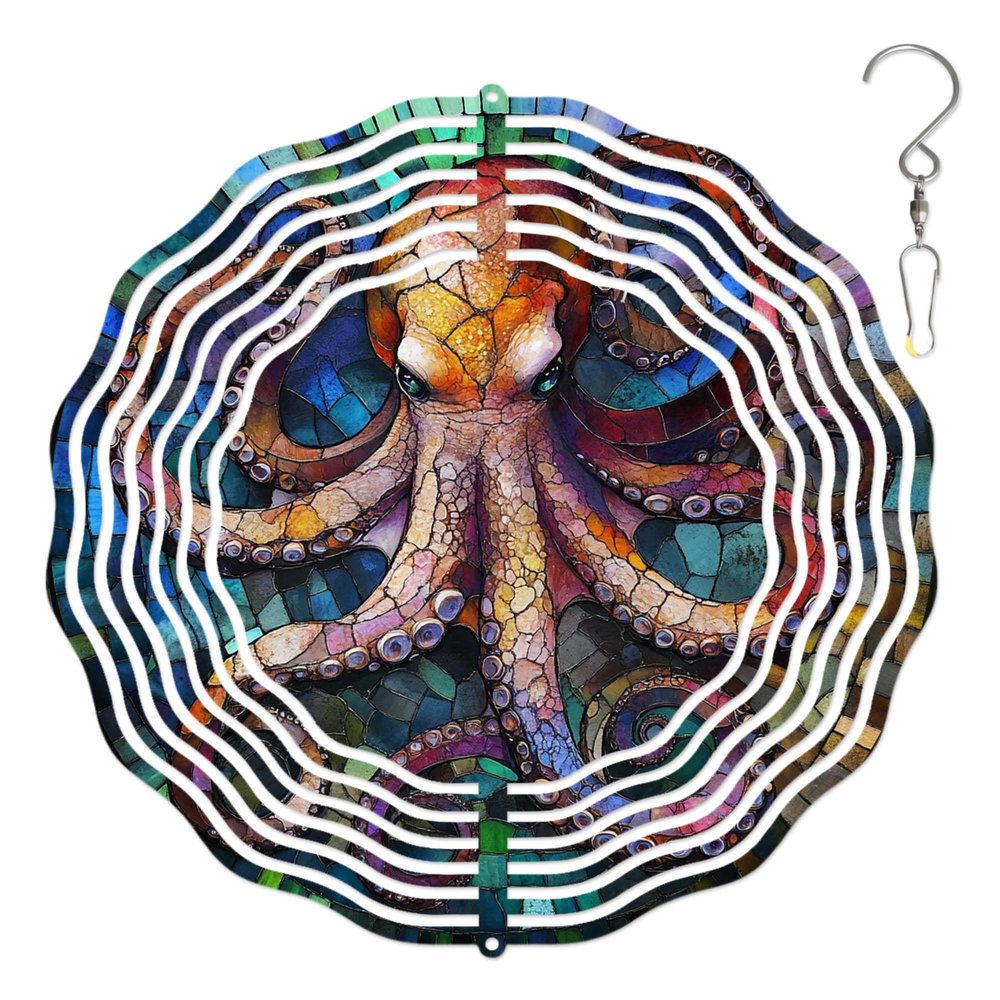 10-Inch Metal Wind Spinner Octopus 3D Marine Life Wind Spinner, Unique Metal Hanging Kinetic Wind Sculpture Ornament Gifts for Women Yard Art Garden Patio Lawn Indoor Outdoor Decor
