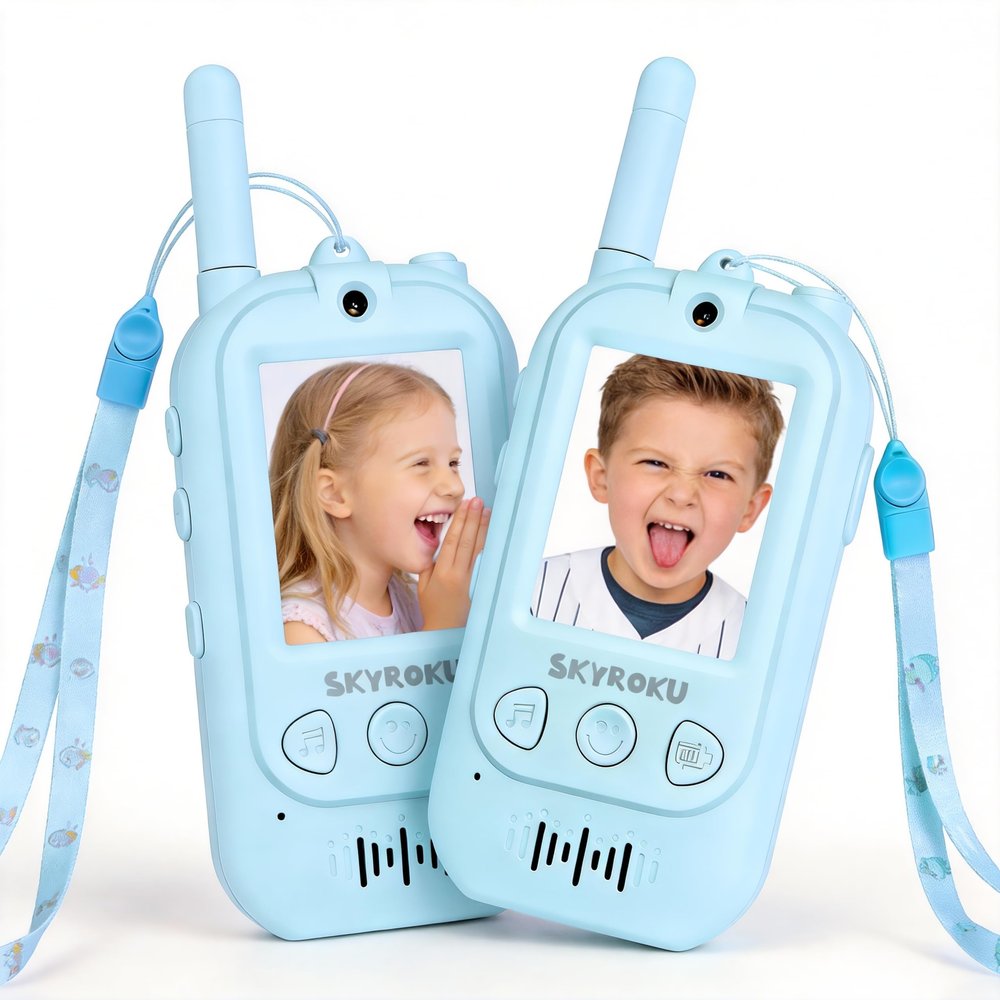 SKYROKU 2nd-Gen Video Walkie Talkies for Kids, 2000ft Long Range Rechargeable Walky Talkies, AI Virtual Costumes & Voice Changer, Outdoor Camping Toys Gift for Boys Girls Ages 3-12 (Blue&Blue)