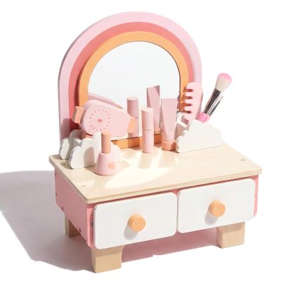 Wooden Vanity Set for Kids, Pretend Play Toddler Makeup Vanity Table Toys with Mirror, Beauty Salon Set Includes Makeup Accessories, Little Girls Gift Age 3+ (Multicolored)