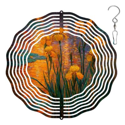 10-Inch Metal Wind Spinner Yellow Irises by Water 3D Floral Wind Spinner, Unique Metal Hanging Kinetic Wind Sculpture Ornament Gifts for Women Yard Art Garden Patio Lawn Indoor Outdoor Decor