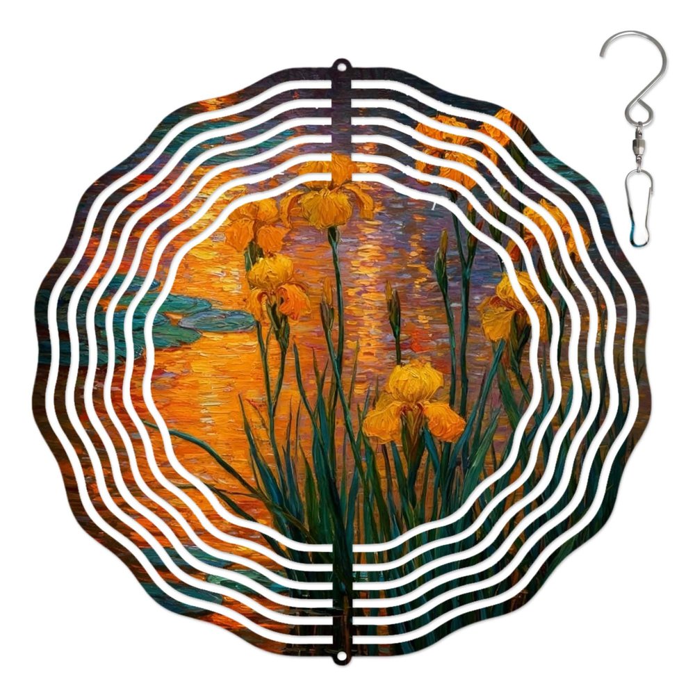 10-Inch Metal Wind Spinner Yellow Irises by Water 3D Floral Wind Spinner, Unique Metal Hanging Kinetic Wind Sculpture Ornament Gifts for Women Yard Art Garden Patio Lawn Indoor Outdoor Decor