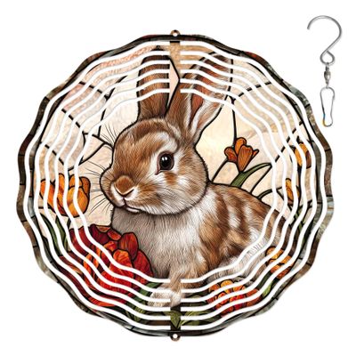 10-Inch Metal Wind Spinner Bunny with Tulips 3D Animal Wind Spinner, Unique Metal Hanging Kinetic Wind Sculpture Ornament Gifts for Women Yard Art Garden Patio Lawn Indoor Outdoor Decor