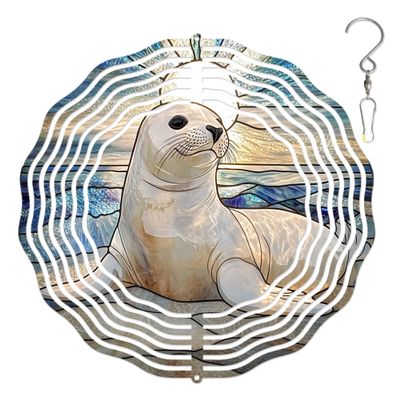 10-Inch Metal Wind Spinner White Seal 3D Animal Wind Spinner, Unique Metal Hanging Kinetic Wind Sculpture Ornament Gifts for Women Yard Art Garden Patio Lawn Indoor Outdoor Decor