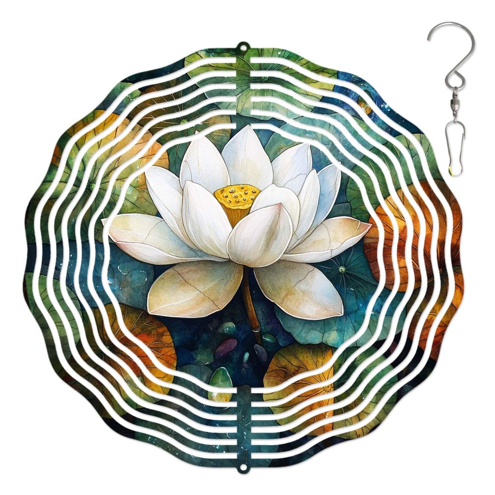 10-Inch Metal Wind Spinner White Lotus Flower 3D Floral Wind Spinner, Unique Metal Hanging Kinetic Wind Sculpture Ornament Gifts for Women Yard Art Garden Patio Lawn Indoor Outdoor Decor