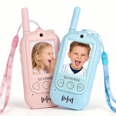 SKYROKU 2nd-Gen Video Walkie Talkies for Kids, AI Voice Changer & Virtual Costumes, Real-Time Video Chat, Rechargeable Long Range 2000ft, Outdoor Camping Toys Gift for Boys Girls Age 3-12 (2 Pack)