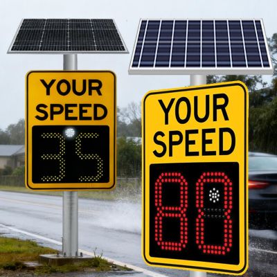 23.635.4in Solar Powered Feedback Speed Limit Sign, LED Display Road Warning Board Traffic Sign, Aluminum Weatherproof, for Streets Roads Schools Parking Lots Yellow