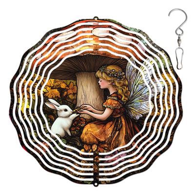 10-Inch Metal Wind Spinner Fairy Feeds White Rabbit in Mushroom 3DWind Spinner, Unique Metal Hanging Kinetic Wind Sculpture Ornament Yard Art Garden Patio Lawn Indoor Outdoor Decor