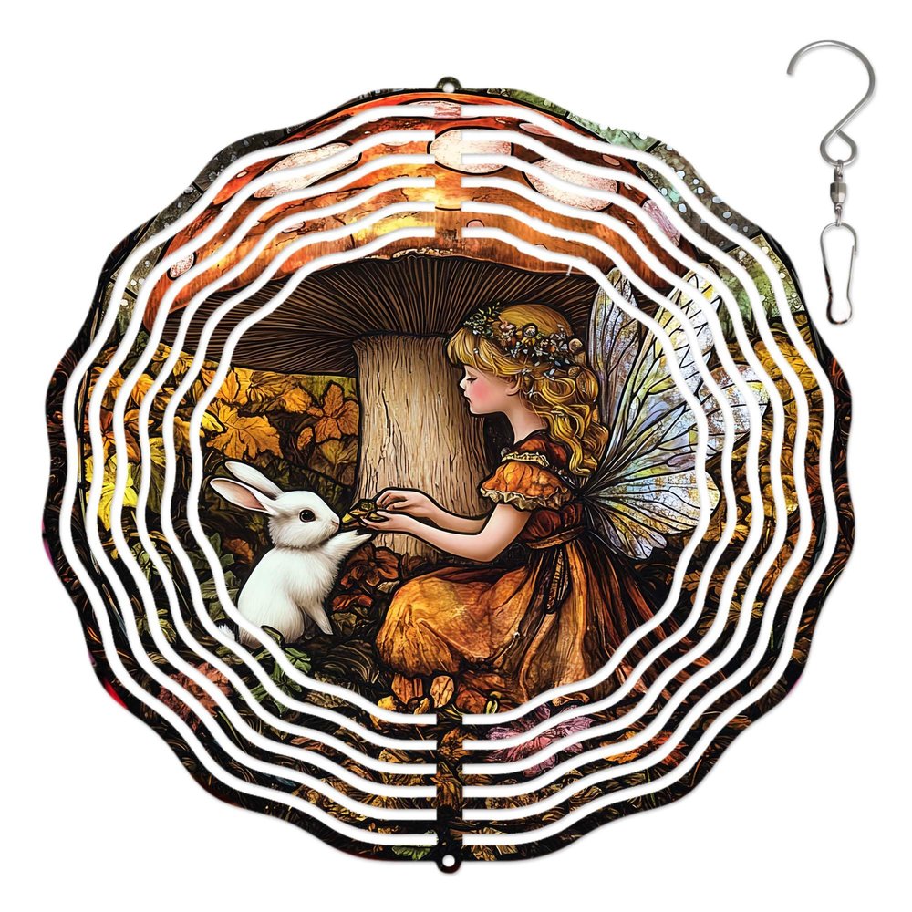 10-Inch Metal Wind Spinner Fairy Feeds White Rabbit in Mushroom 3DWind Spinner, Unique Metal Hanging Kinetic Wind Sculpture Ornament Yard Art Garden Patio Lawn Indoor Outdoor Decor