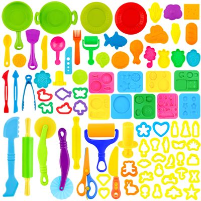 iShyan Dough Play Tools for Kids,84pcs Basic Dough Play Toys Includes Cutters,Roller,Rolling Pins,Safety Scissors,Plastic Knife,Fruit Vegetable Molds,Kitchen Tools