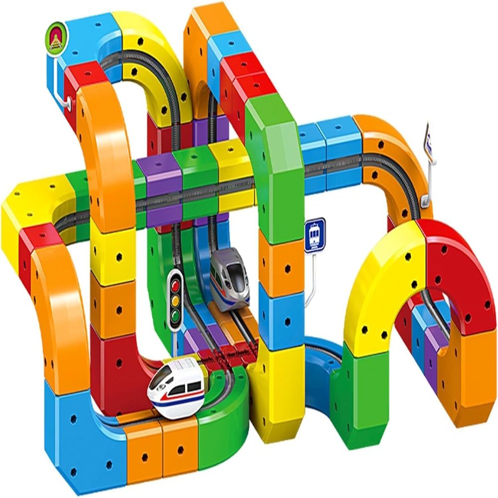 Magical Track Car Toys,DIY Race Car Track Building Kits with Train and Traffic Signs,for 4-10 Year Old Boys Girls Christmas Birthday Party Gifts 2 car(123pcs)