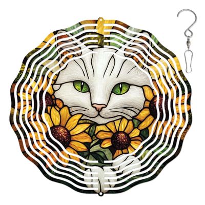 10-Inch Metal Wind Spinner Cat and Sunflowers 3D Pet Wind Spinner, Unique Metal Hanging Kinetic Wind Sculpture Ornament Gifts for Women Yard Art Garden Patio Lawn Indoor Outdoor Decor