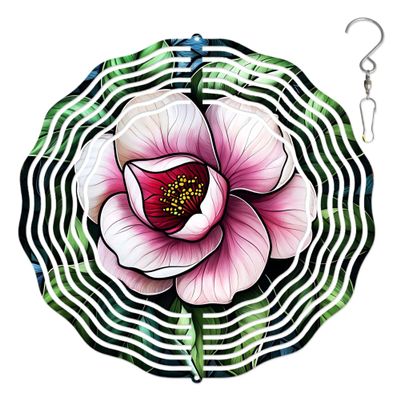 10-Inch Metal Wind Spinner Pink Camellia 3D Floral Wind Spinner, Unique Metal Hanging Kinetic Wind Sculpture Ornament Gifts for Women Yard Art Garden Patio Lawn Indoor Outdoor Decor