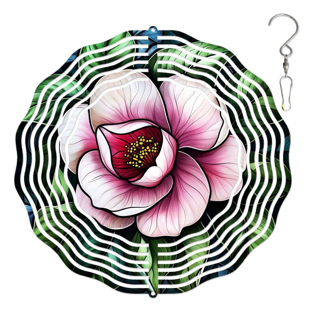 10-Inch Metal Wind Spinner Pink Camellia 3D Floral Wind Spinner, Unique Metal Hanging Kinetic Wind Sculpture Ornament Gifts for Women Yard Art Garden Patio Lawn Indoor Outdoor Decor