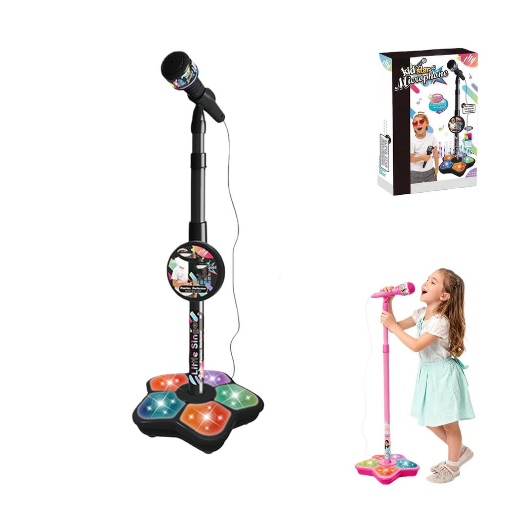 Kids Microphone with Stand with LED Lights, Adjustable Height & Music Effects for Birthday Party, Home Karaoke (Black)