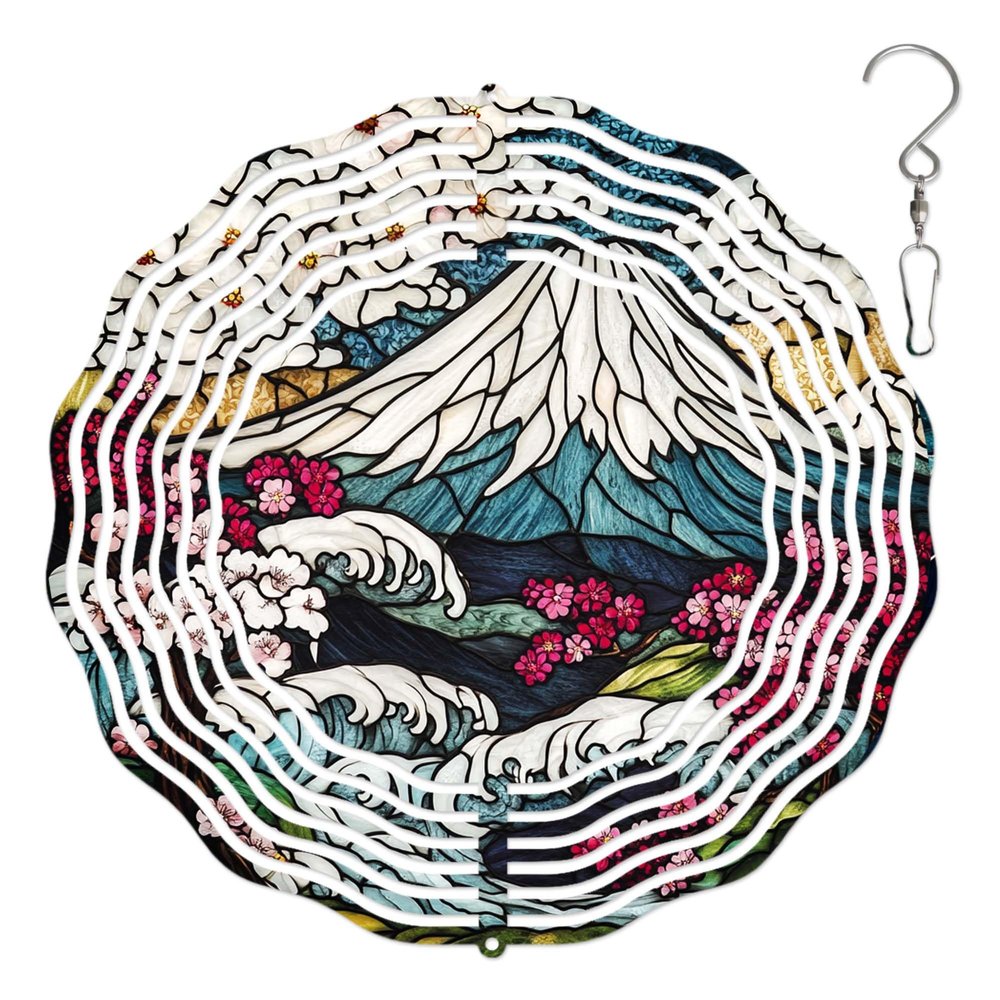 10-Inch Metal Wind Spinner Fuji with Cherry Blossoms 3D Wind Spinner, Unique Metal Hanging Kinetic Wind Sculpture Ornament Gifts for Women Yard Art Garden Patio Lawn Indoor Outdoor Decor