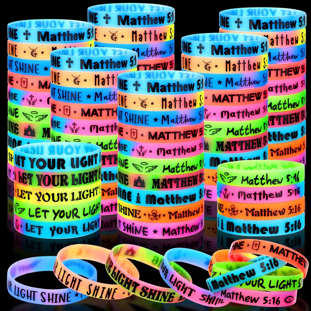 Equsion 100 Pcs Christian Bracelets Glow in Dark Let Your Light Shine Silicone Bracelets Religious Jesus Wristbands Bulk Inspirational Scripture Easter Party Gift for Baptism Church(Rendering)