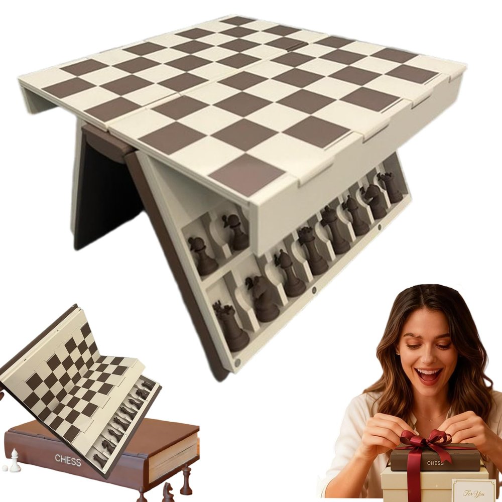 3D Printed Chess Book, Playbook'd Chess, Portable Compact Intellectual Auto-Aligning Folding Board Game for Home or Office Display (1pc)