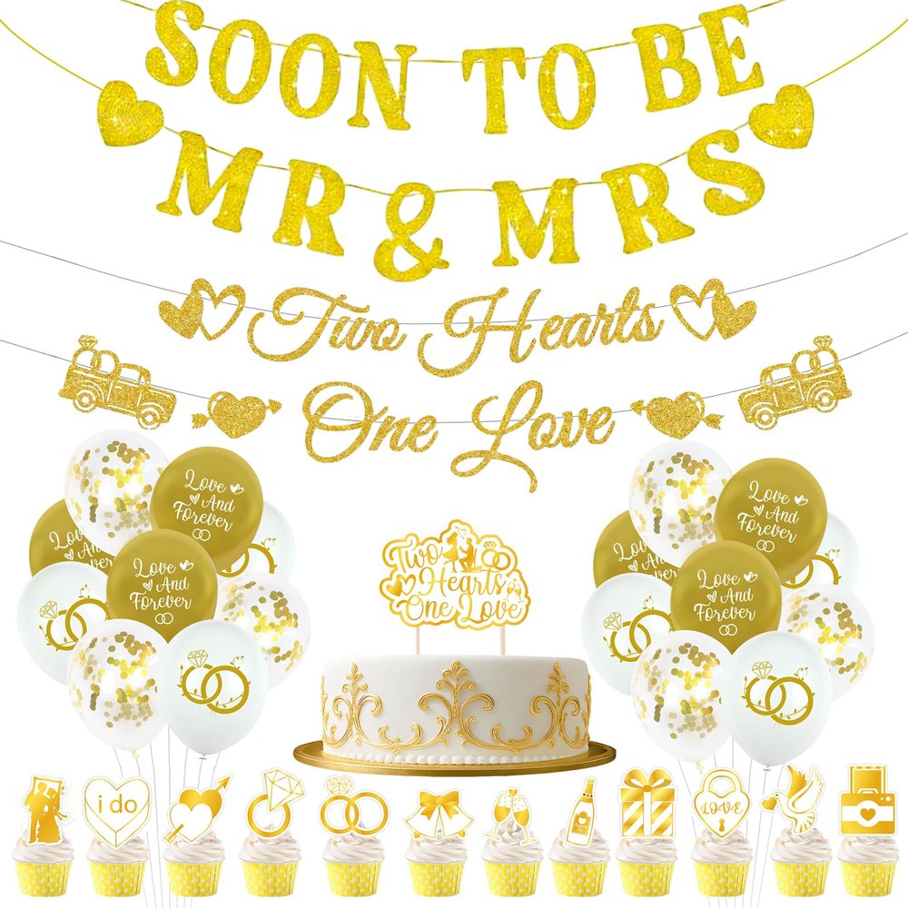 35 Pcs Wedding Shower Decorations Set,Champagne-Gold decorations,includes Soon To Be Mr & Mrs Sign Banner,18 Glitter Wedding bridal shower decor balloons,13 cupcake toppers for Wedding Bachelorette Party Decorations