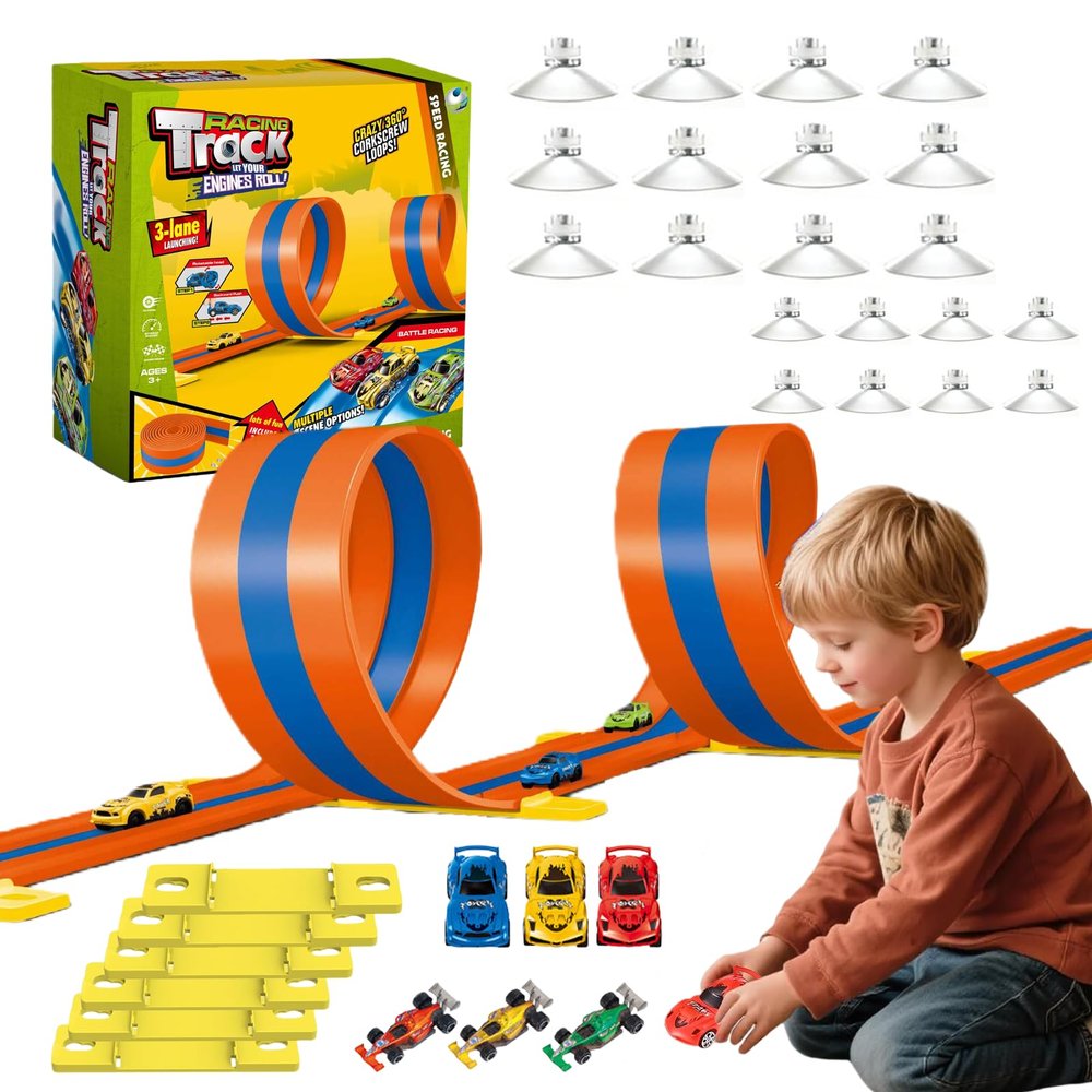 Flexible Race Track 3-Lane 15ft Race Car Track Compatible with Diecast 1/64 Scale Cars, Flexible Car Track Race Ramp Toy with Strong Suction Cups