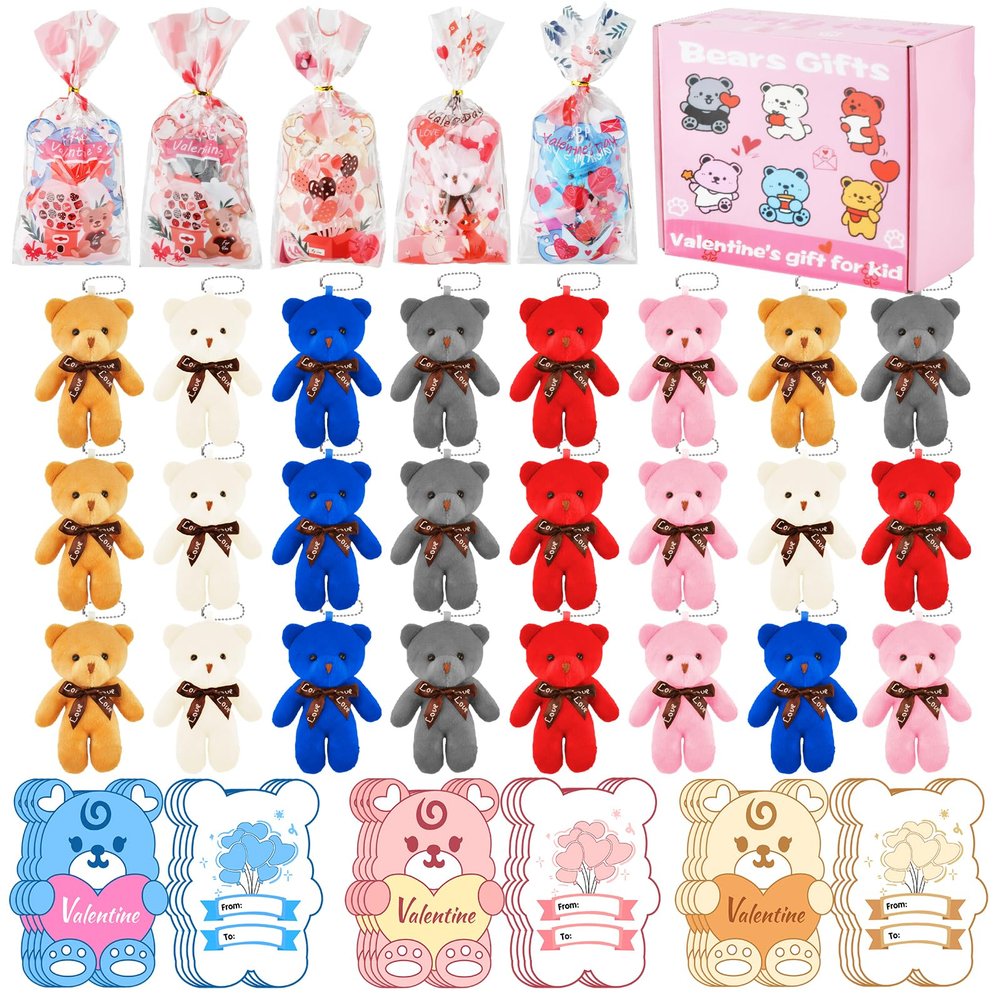 24 Pcs Valentine's Day Gift Mini Plush Bear Toys with Bear-Shaped Cards, 4.7 Inch Stuffed Animal Dolls for Keychain DIY, Kids Classroom Birthday Party Favors Classroom Exchange Prize Supplies