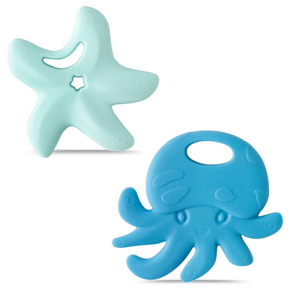 2Pcs Summer Silicone Teething Toy for Babies Ocean Animal Themed Sore Gums Pain Teething Relief Chew Toy Summer Ocean BPA Free Soft Teether for Infant Toddler Newborn 6-12 Months Birthday Baby Shower