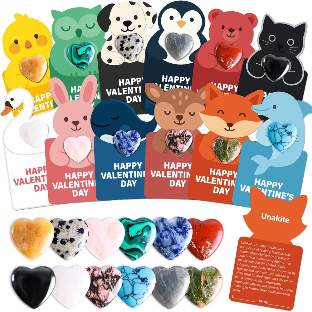24 Pack Bulk Valentines Day Gifts for Kids, Gem Valentines Day Cards, Heart Shaped Valentine Gemstones Crystal Rocks for School Boys Girls Classroom Gifts Exchange, Party Favors, Goodie Bag Fillers