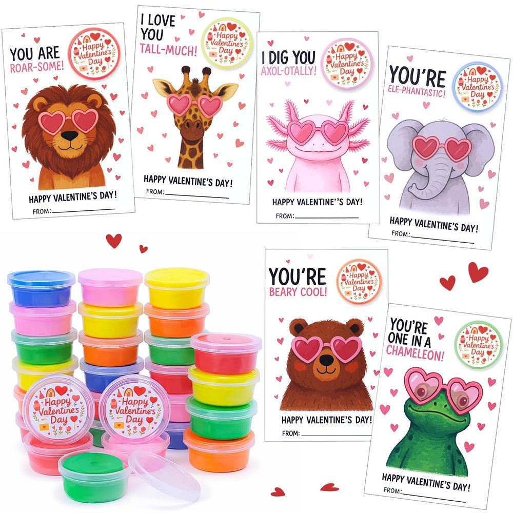 30 Pack Valentines Day Gifts for Kids, Cute Valentines Day Cards for Kids Classroom with Play Dough and Stickers, Valentine Exchange Cards Bulk for School Boys Girls Class Gifts Exchange, Party Favors