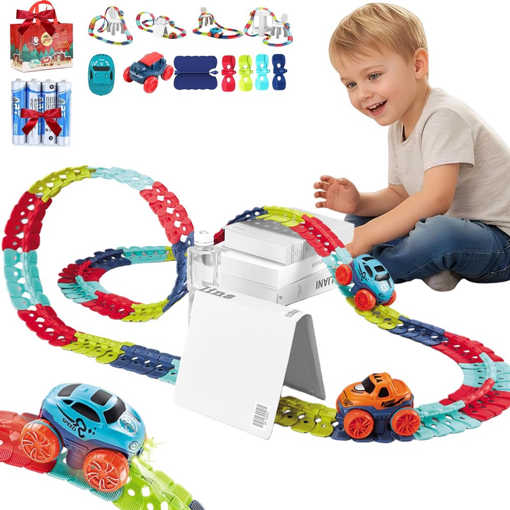 Glow/Normal Anti Gravity Race Track with Car, Gift for Boys/Girls, 4 Styles Led 360 Electric Climbing Car Race Track, Interchangeable Car Shells/Flexible Changeable (Normal (92 Pcs) 1CarBody 1Shell)