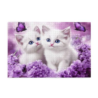 RMYRHQ Purples Flower Garden&Adorable White Kitten Wood Jigsaw Puzzles Adult 1000piece Mind Challenging Leisure for Interior Fans&Puzzle Enthusiasts Surprise for New Year Birthday and Thanksgiving