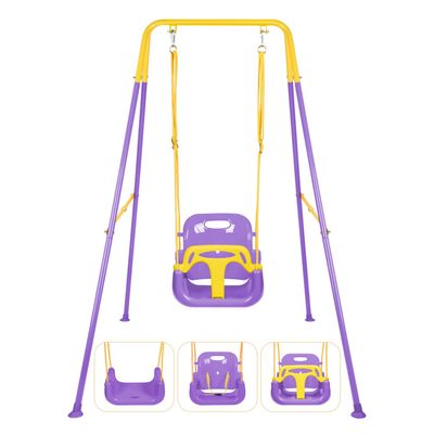 3-in-1 Toddler Swing Set, Indoor & Outdoor Baby Swing Heavy Duty Swing Set with Foldable Metal Stand for Aged 6 Months to 10 Years Old, Easy to Assemble and Store (Purple)