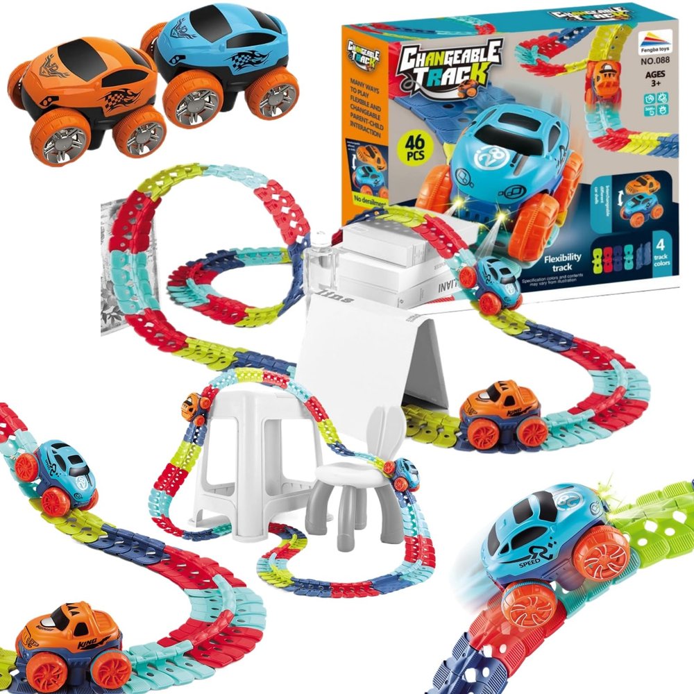 Anti Gravity Race Track with Car Smartoon Kids Magnetic Toys, Flexible Race Track for Kids, Glow in The Dark LED Light-Up Car Track Set with Interchangeable Shells (2car, 46pcs)