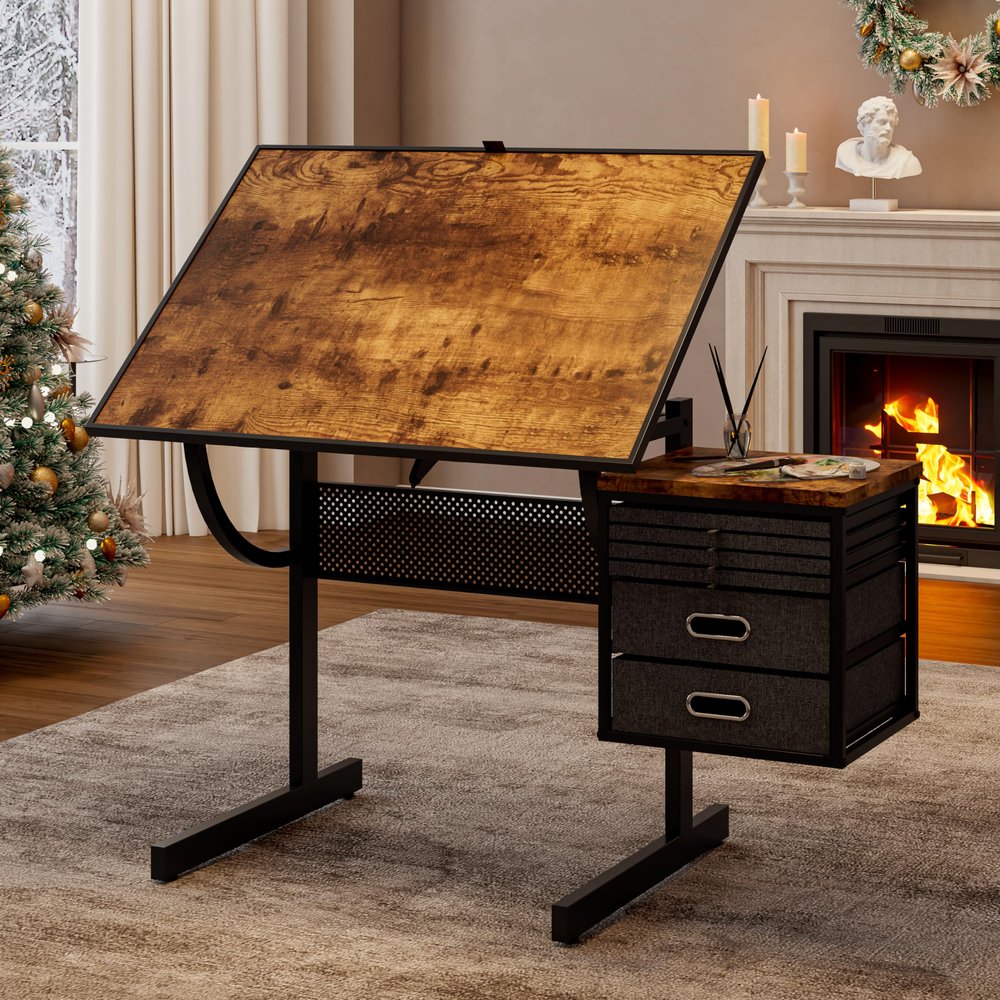 VFJ Jigsaw Puzzle Table with Drawers, 1500 Piece Puzzle Board, Adjustable Desktop Angle, Table Legs Height Adjustable, for as adn Indoor Game in Winter (Black -2 Drawers)