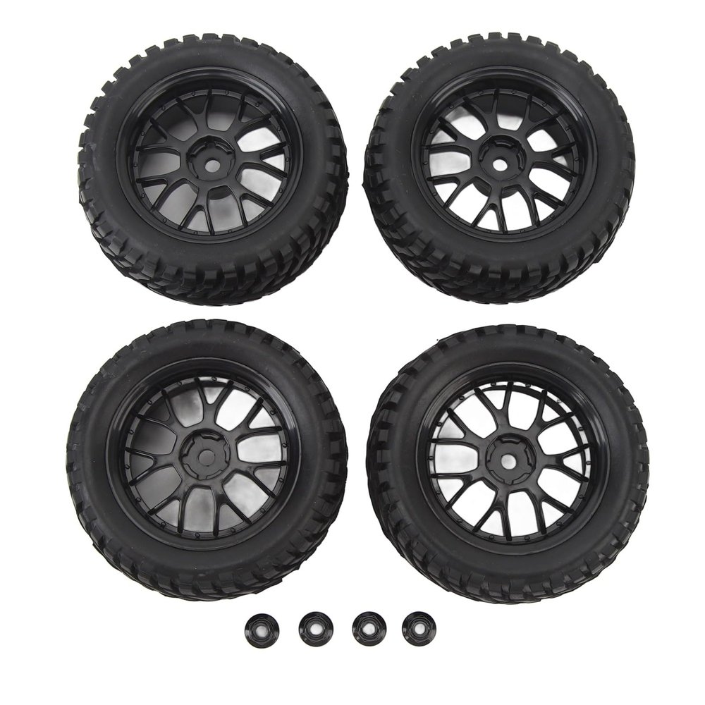 4Pcs RC Tires Rubber Tires Plastic Hub, RC Wheels for 1/10 Off Road Vehicles, Strong Grip Cushioning Wear Resistance, 14 Holes RC Tires with Nuts for Axial HSP Redcat Tamiy